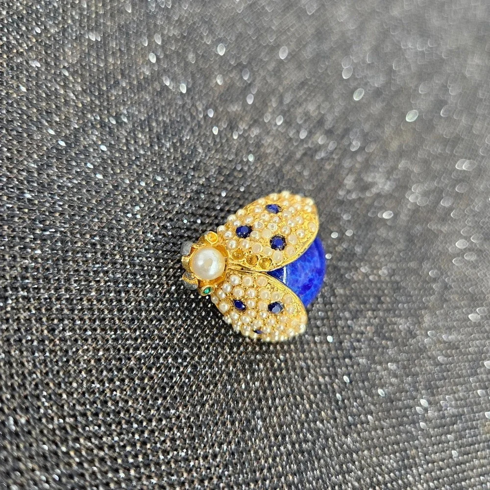 Carlyle Vintage Gold Tone Ladybug Brooch Faux Pearl‎ Blue Lapis Cabochon Beetle
